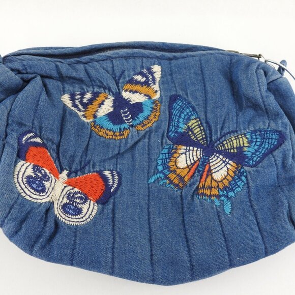 New Johnny Was Paradisio Quilted Denim Makeup Bag with Butterflies & Tassles - Picture 2 of 13